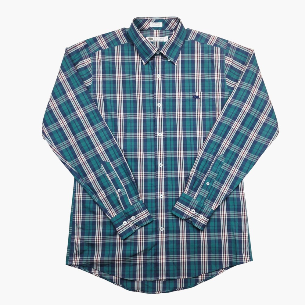 Onward Reserve Mens Tailored Fit Non-Iron Plaid Button Down Shirt Teal Navy M